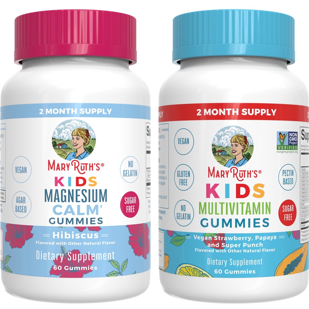MaryRuth Organics Multivitamin (Strawberry) and Magnesium Calm Gummies (Hibiscus) for Kids | Clean Label Project Verified® | Vitamins for Overall Wellness and Sleep| Vegan, Non-GMO, Gluten Free