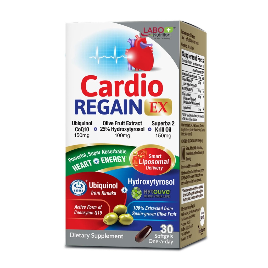 LABO Nutrition CardioREGAIN EX — Liposomal Ubiquinol CoQ10 150mg with Krill Oil & Olive Fruit Extract — Cardiovascular Wellness & Cellular Energy Support — Made in Japan — 30 Softgels