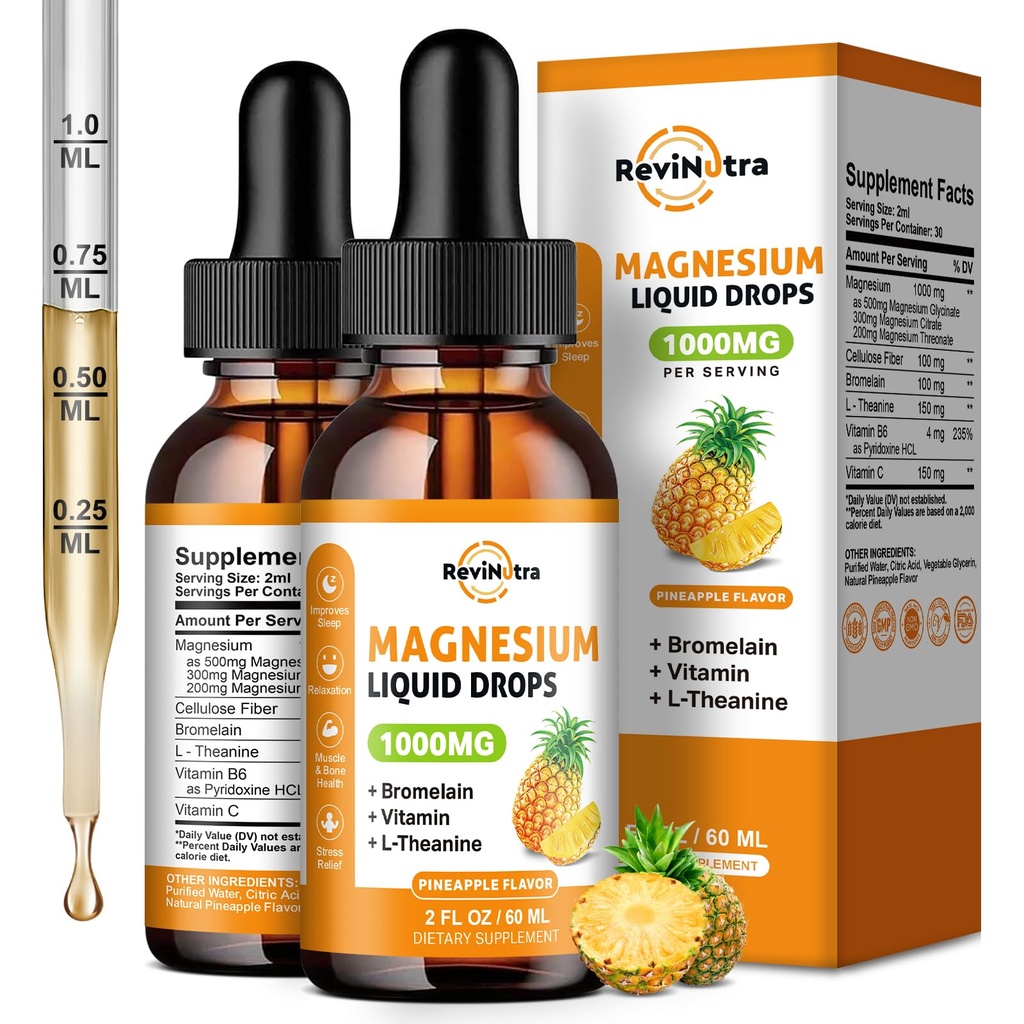 2 Pack Magnesium Glycinate Liquid Drops, 1000mg of Liquid Magnesium Complex Drops for Sleep, Nerve, Energy, Muscle, Bone, Calm & Digestion, High Absorption, 2 Fl Oz, Pineapple Flavor