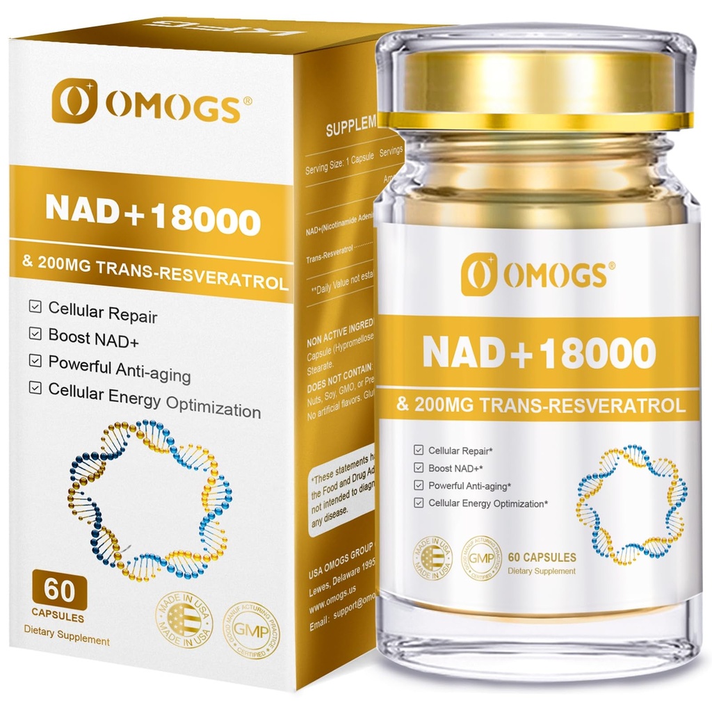 OMOGS NAD+ 300 mg + Trans-Resveratrol 200 mg, Pure NAD Supplement, Max Absorption, Boosting Supplement for DNA Repair, Healthy Aging, Cellular Energy & Longevity, 60 Capsules