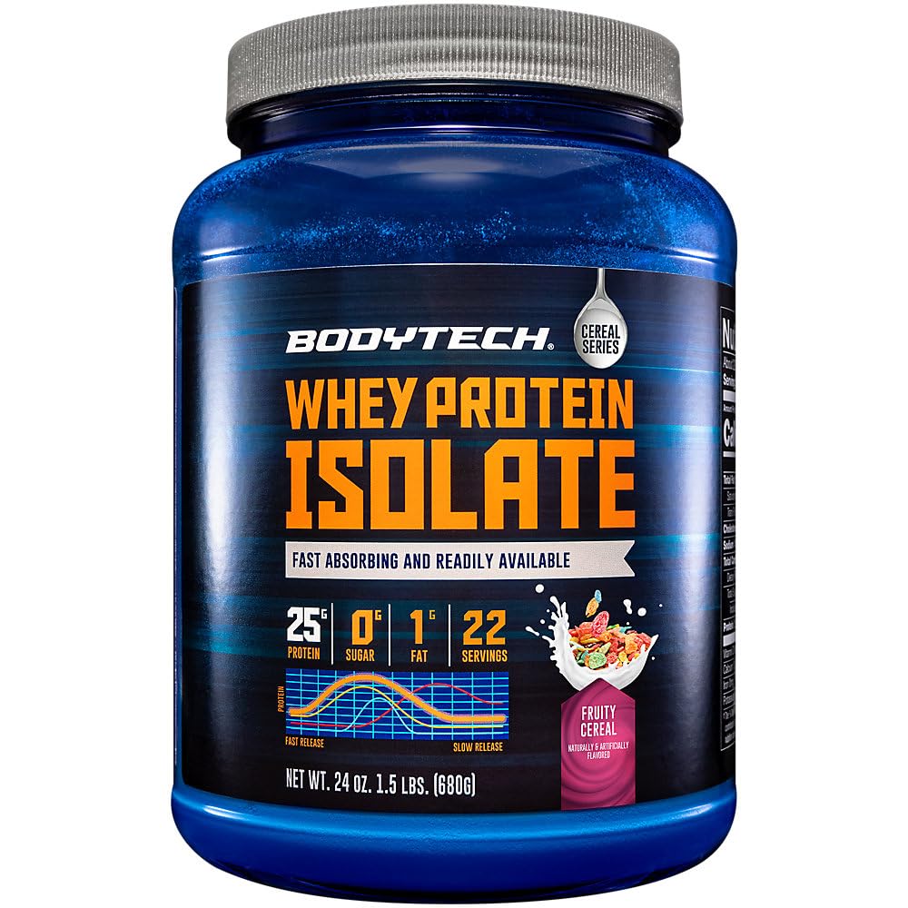 BodyTech Whey Protein Isolate Powder - 25g Protein per Serving with BCAAs - Fast-Absorbing for Muscle Growth & Recovery - Fruity Cereal (1.5 lb, 23 Servings)