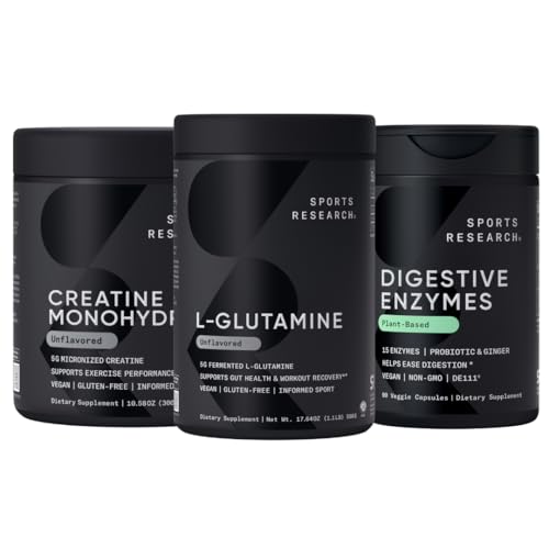 Sports Research® Workout Recovery Pack - L-Glutamine (100 Servings), Creatine Monohydrate (60 Servings) and Digestive Enzymes with Probiotics & Ginger (90 Capsules) - Non-GMO, Vegan & Gluten Free