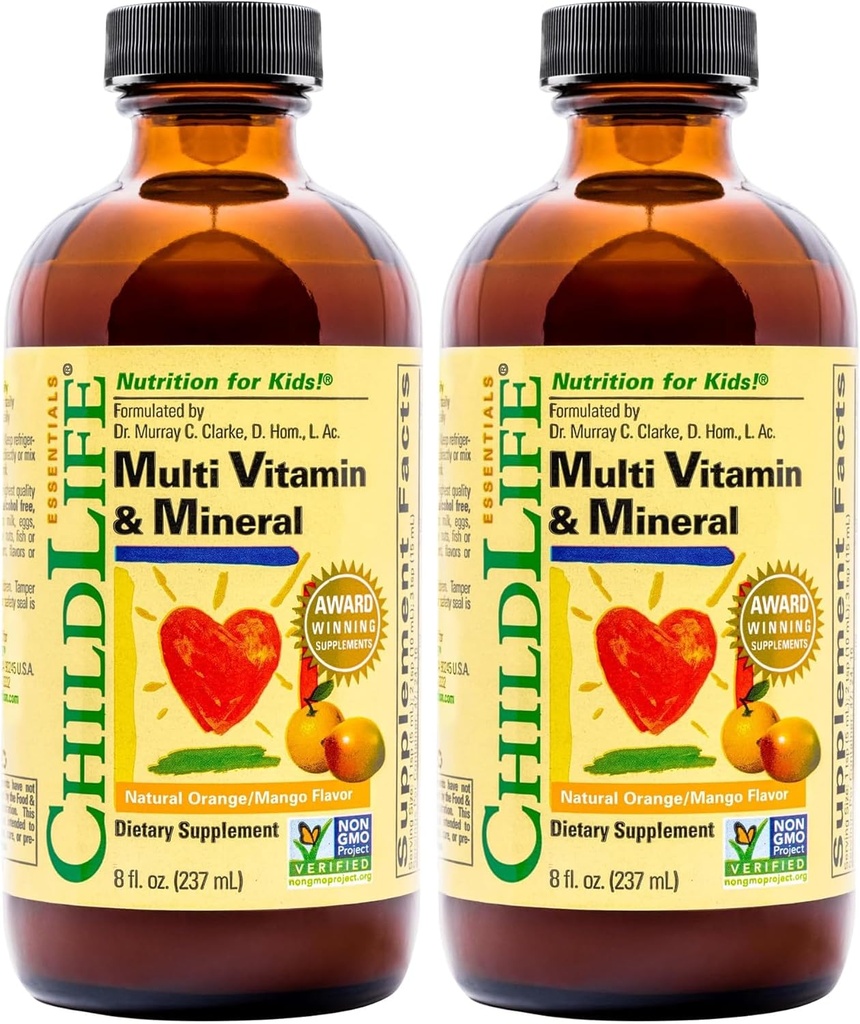 CHILDLIFE ESSENTIALS, Kids Liquid Multivitamin and Mineral Supplement - Liquid Vitamins for Kids, All-Natural, Gluten-Free, Non-GMO - Natural Orange & Mango Flavor, 8 Ounce Bottle (Pack of 2)