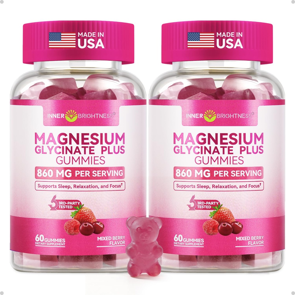 Magnesium Glycinate Plus Gummies 860mg, Sugar-Free, Non-GMO, Gluten-Free, Magnesium Gummies for Adults & Kids, Sleep, Relaxation & Focus, Magnesium Supplement for Women, Mixed Berry Flavor, 120 Count