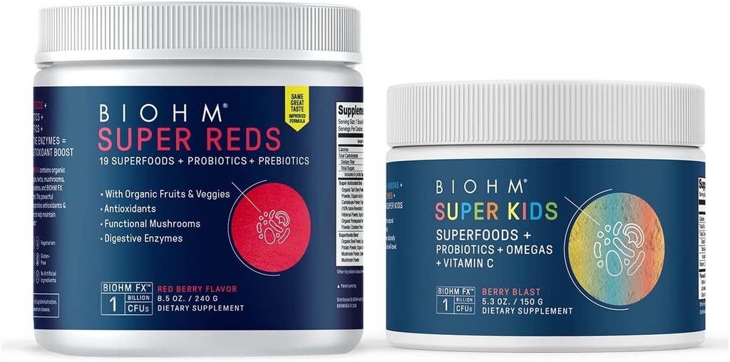 BIOHM Super Reds Superfood Powder, Tart Cherry & Super Kids Superfood Powder + Probiotics, Beneficial Antioxidants & Omega-3 - Gluten Free, GMO Free, Dairy Free, No Artificial Ingredients