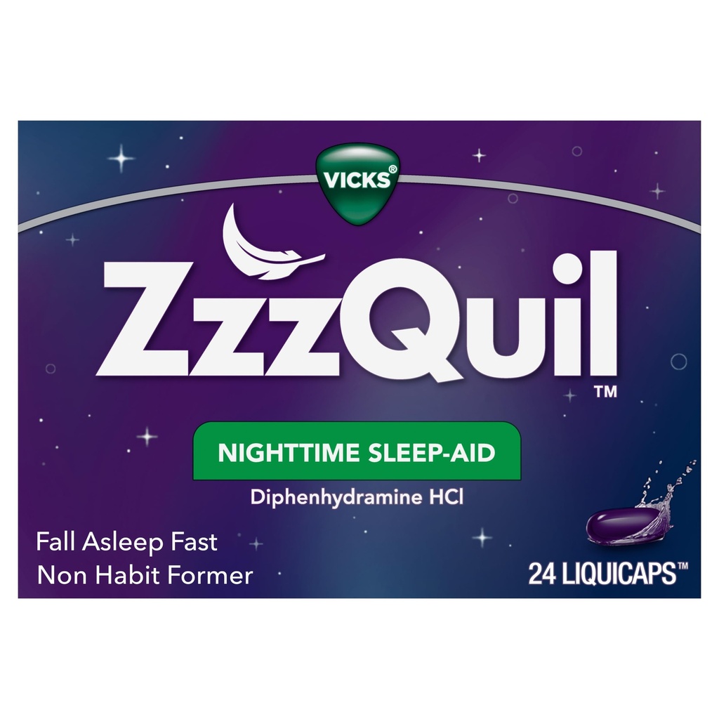 Vicks ZzzQuil, Nighttime Sleep Aid LiquiCaps, 25 mg Diphenhydramine HCl, No.1 Sleep-Aid Brand, Non-Habit Forming, Fall Asleep Fast, 24 Count