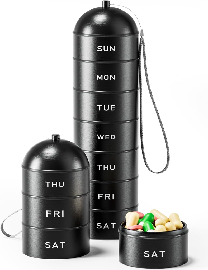 Metal Pill Organizer Weekly - Betife Stackable Waterproof Travel Pill Box, Portable Aluminum Alloy 7 Day Pill Case, Moisture Proof BPA Free Pill Container to Hold Medicine, Vitamins, Supplements