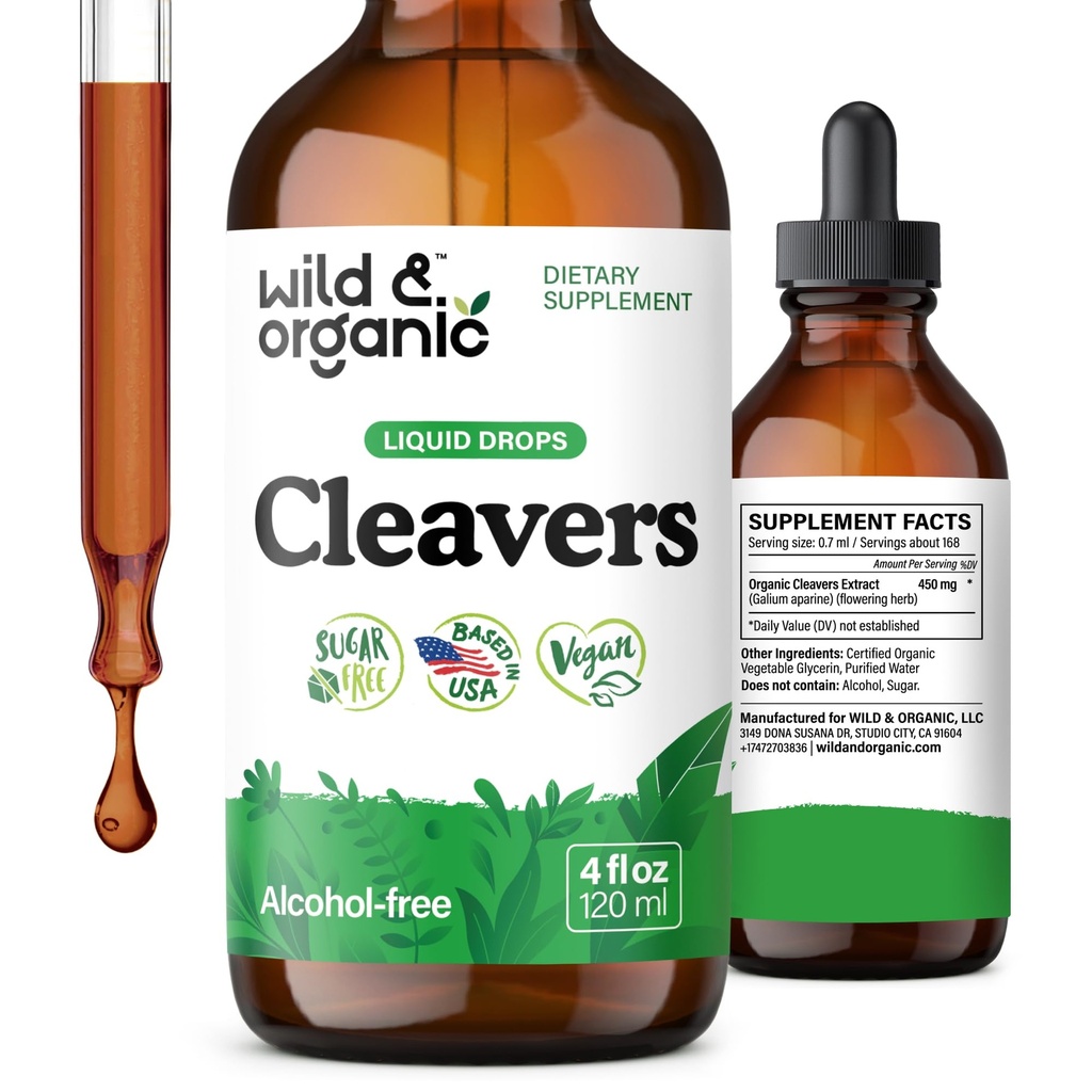 Wild & Organic Cleavers Lymphatic Drainage Drops - Cleavers Herb for Natural Detox Support - Add to Tea Tincture - Galium Aparine Leaf Extract Supplement - Vegan, Sugar & Alcohol-Free - 4 fl oz