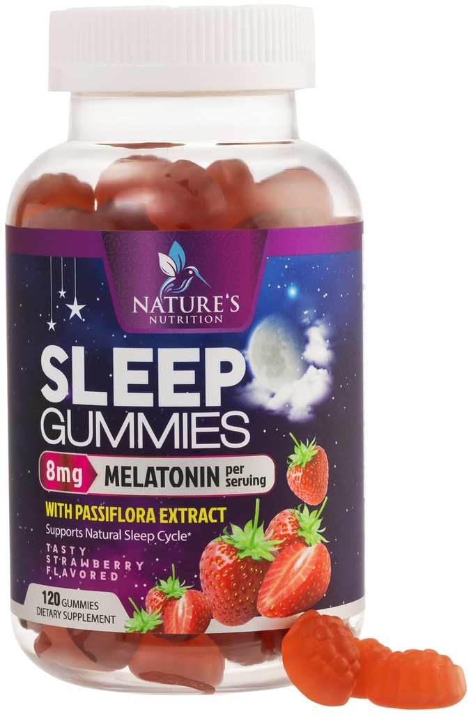 Sleep Gummies - 8mg Melatonin Per Serving - With Passiflora Extract for Restful Sleep - Fast Acting Melatonin Sleep Gummy Supplement for Adults, Vegan, Non-GMO, Tasty Strawberry Flavor - 120 Gummies
