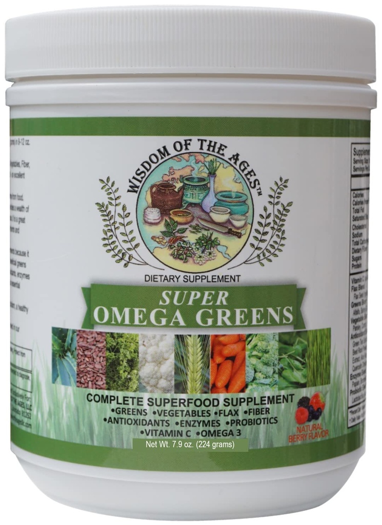 Super Omega Greens Complete Superfood Supplement with Greens, Vegetables, Flax, Fiber, Antioxidants, Enzymes, Probiotics, Vitamin C and Omega 3-7.9oz Powder