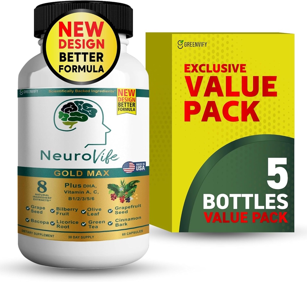 NeuroVife Gold Max Brain Support Supplement | 8 Natural Extracts with DHA, Vitamins A, C, B Complex | 60 Veggie Capsules | Made in USA (5)