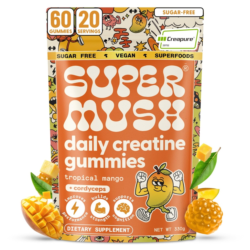 SuperMush Daily Creatine Gummies - Strength & Recovery - 60 Count | Creatine Monohydrate With Cordyceps Mushroom Extract Supports Strength, Focus & Recovery, Sugar-Free, Vegan Formula