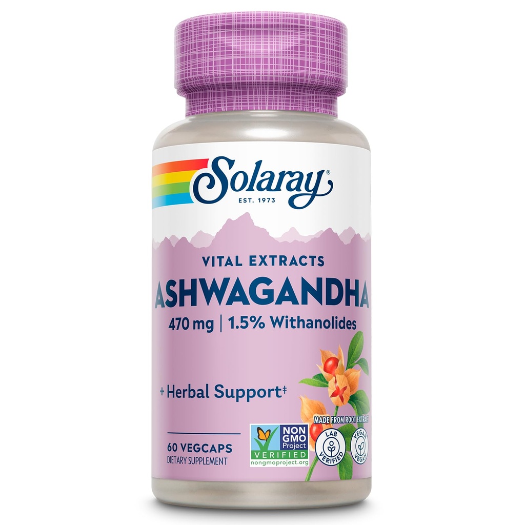 SOLARAY Vital Extracts Ashwagandha 470mg - Powerful Adaptogen - Ashwagandha Supplements w/ 7mg Withanolides, Wellness Support, Vegan, Non-GMO, Lab Verified, 60-Day Guarantee, 60 Servings, 60 VegCaps