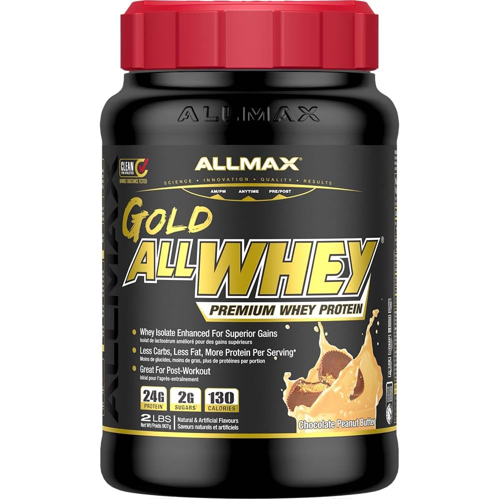 ALLMAX Gold ALLWHEY Whey Protein Powder, Peanut Butter, 2 lb, 24g Protein Per Scoop, High Protein for Muscle Recovery, Lean Muscle Growth & Post Workout Nutrition, Gluten Free, 30 Servings
