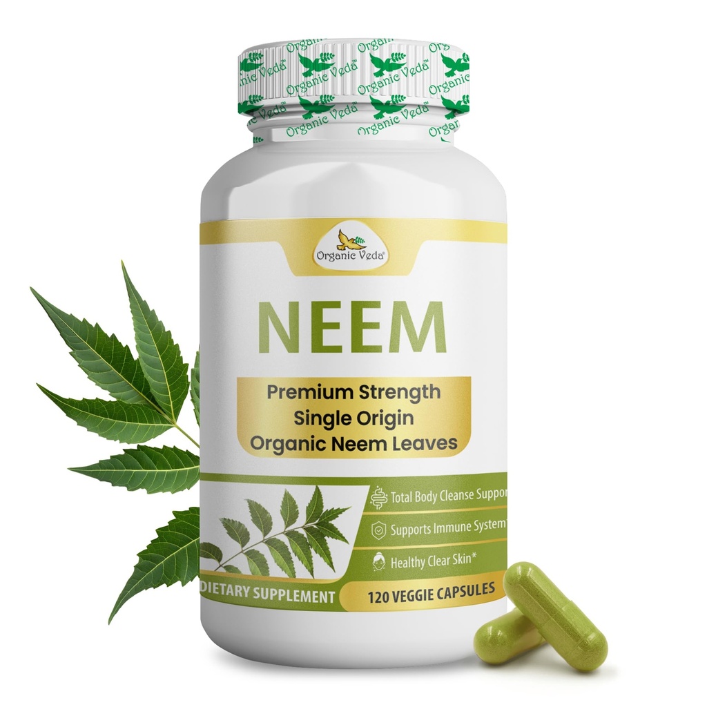 Organic Veda Neem Capsules – Herbal Supplement for Clear Skin, Immune & Gut Health For Men & Women - Single Origin True Green Neem Leaf Powder - Purifying & Cleansing Ayurveda Herb, 120 Vegan Capsules