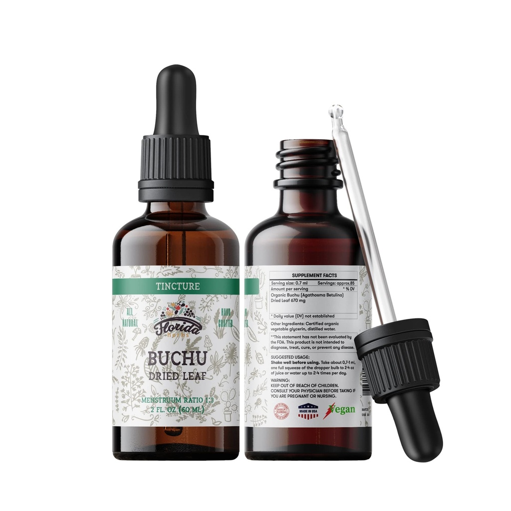 Buchu Tincture, Organic Buchu Extract (Agathosma Betulina) Dried Leaf Health Supplement, Non-GMO in Cold-Pressed Organic Vegetable Glycerin 2 oz, 670 mg