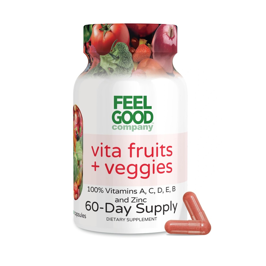 FeelGood Superfoods Vita Fruits and Veggies Capsules - 25 Superfood Ingredients, Fruit and Vegetable Multivitamin, 60 Count - for Men and Women - Vitamins A, C, D, E, B and Zinc