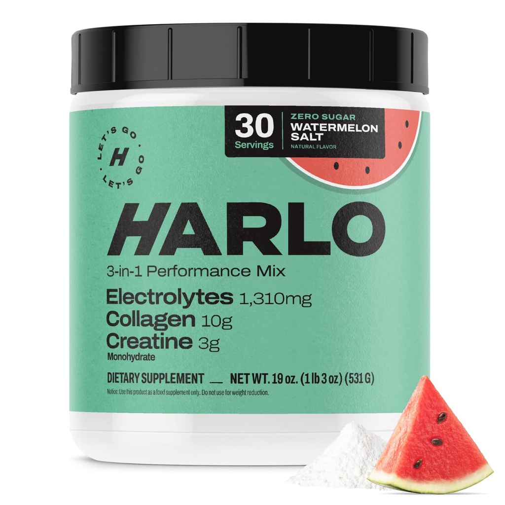 Harlo 3-in-1 Electrolytes Powder with Collagen & Creatine – Hydration, Muscle & Joint Support | NSF Certified | Zero Sugar | Watermelon Salt | 30 Servings
