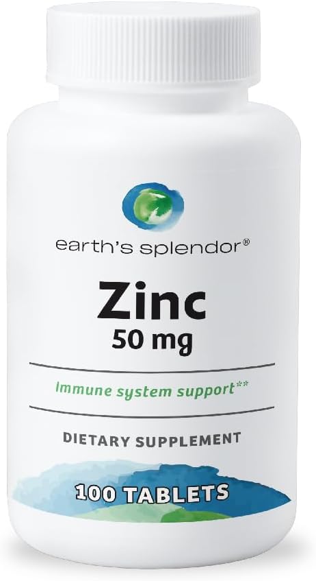 Earth's Splendor Immune Support Supplements, with Zinc 50mg, Helps Maintain Skin Health, Wheat Free, No Artificial Color or Flavor, Mineral Supplements for Men & Women (100 Tablets)