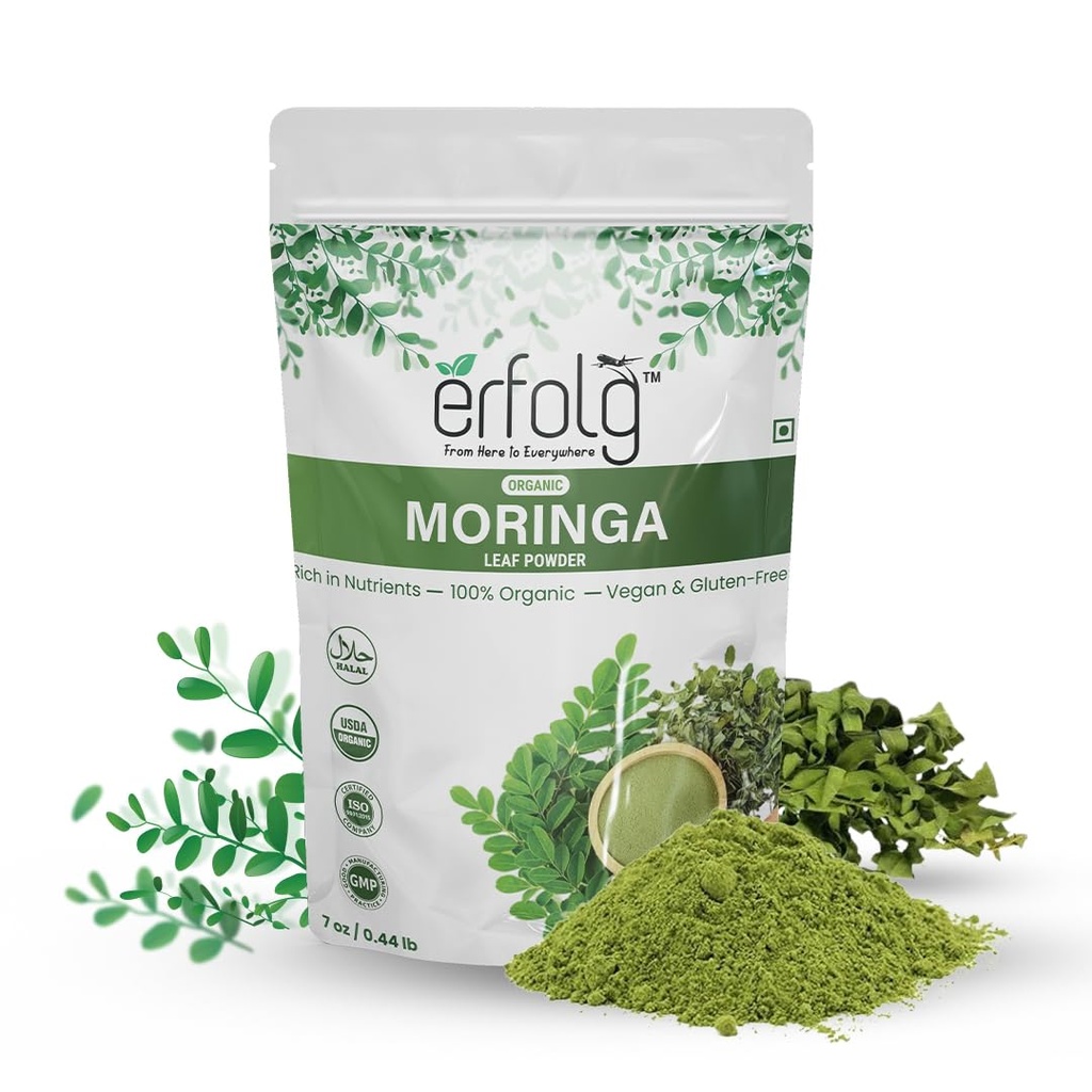 Erfolg 100% Organic Moringa Oleifera Leaf Powder | 7 oz - 0.44lb | Rich in Nutrients, Vegan & Gluten-Free, Rich in Antioxidants & Immune Vitamin | Moringa Drink | Moringa Tea
