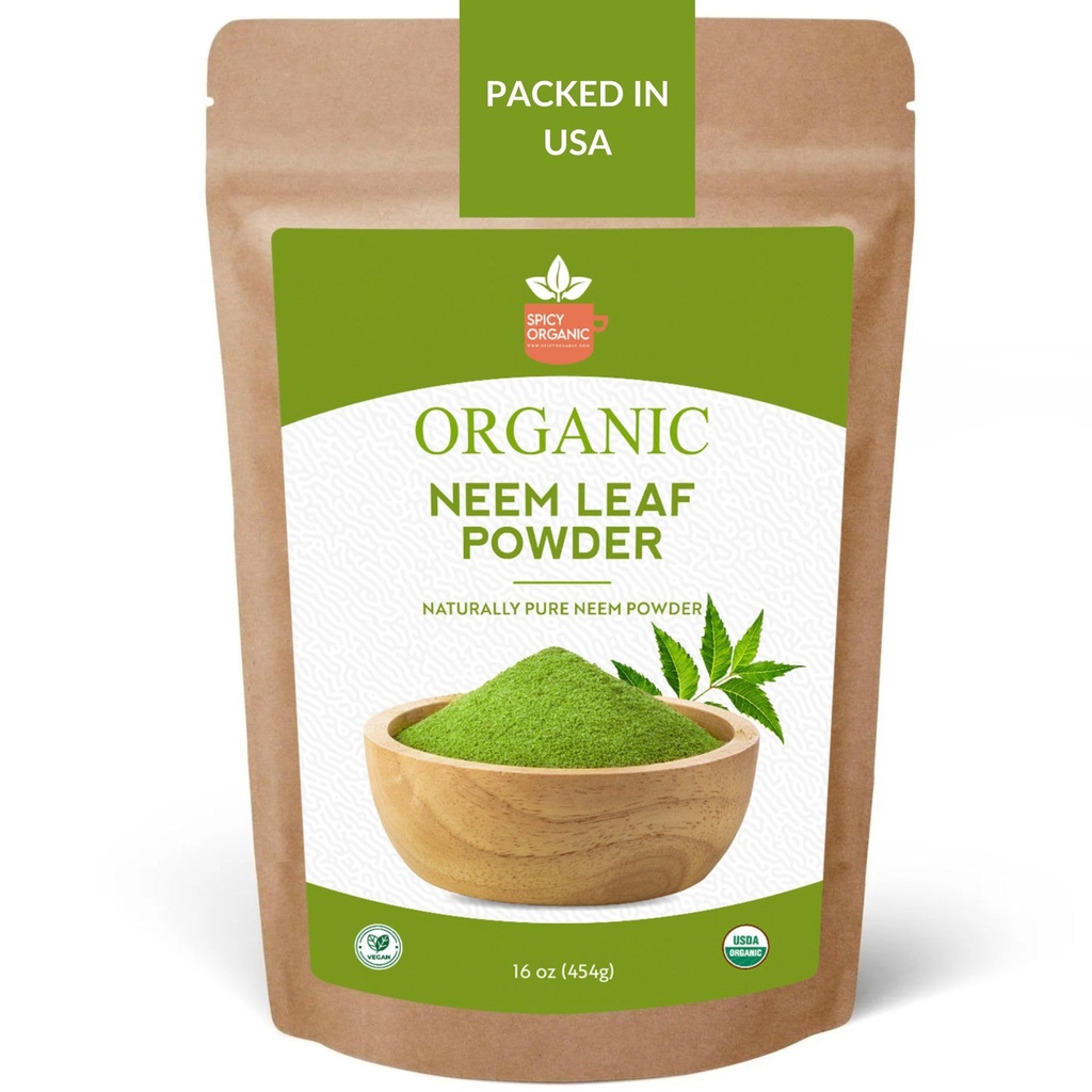 SPICY ORGANIC Neem Powder – 16 oz. - Certified USDA Organic -Non-GMO - Fresh Dried Neem Leaves Powder for Healthy Hair and Skin - Azadirachta Indica Ayurvedic Herb for Overall Wellbeing
