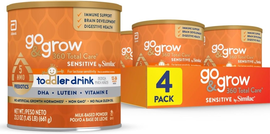 Go & Grow 360 Total Care Sensitive by Similac Toddler Nutritional Drink With 5 HMOs, Powder, 23.3-oz Can, Pack of 4