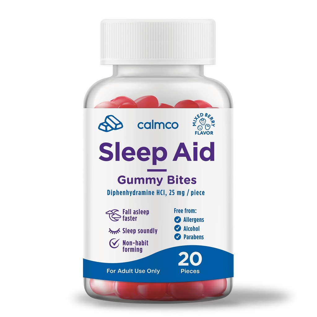 CalmCo Adult Sleep Aid Gummy Bites - Non-Habit Forming Sleep Support with Diphenhydramine HCl 25 mg, Easy-to-Chew Nighttime Sleep Aid Gummies, Promotes Better Sleep, and Fall Asleep Faster, 20 Count