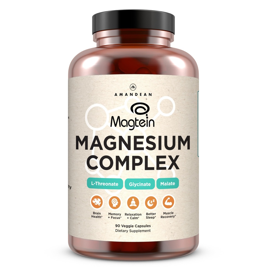 AMANDEAN Magtein Magnesium Complex. L-Threonate, Glycinate, Malate Triple Blend Chelated Magnesium Supplement. 90 Veggie Capsules. High Absorption Branded Ingredients. Brain Health, Sleep, Calm*.