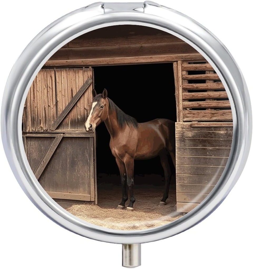 Round Pill Case 3 Compartment Barn Horse Pill Box Mini Medicine Pill Organizer Portable Travel Pillbox for Pocket Purse Metal Pill Container for Vitamins Fish Oil Supplements
