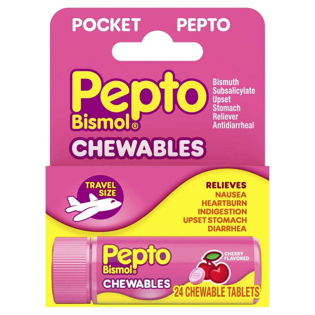Pepto Bismol Cherry Chewable Tablets, Pocket To-Go, Upset Stomach Relief, Nausea Relief, Heartburn Relief, Indigestion Relief, Anti Diarrhea Medication for Adults - 5 Symptom Relief, 24 ct