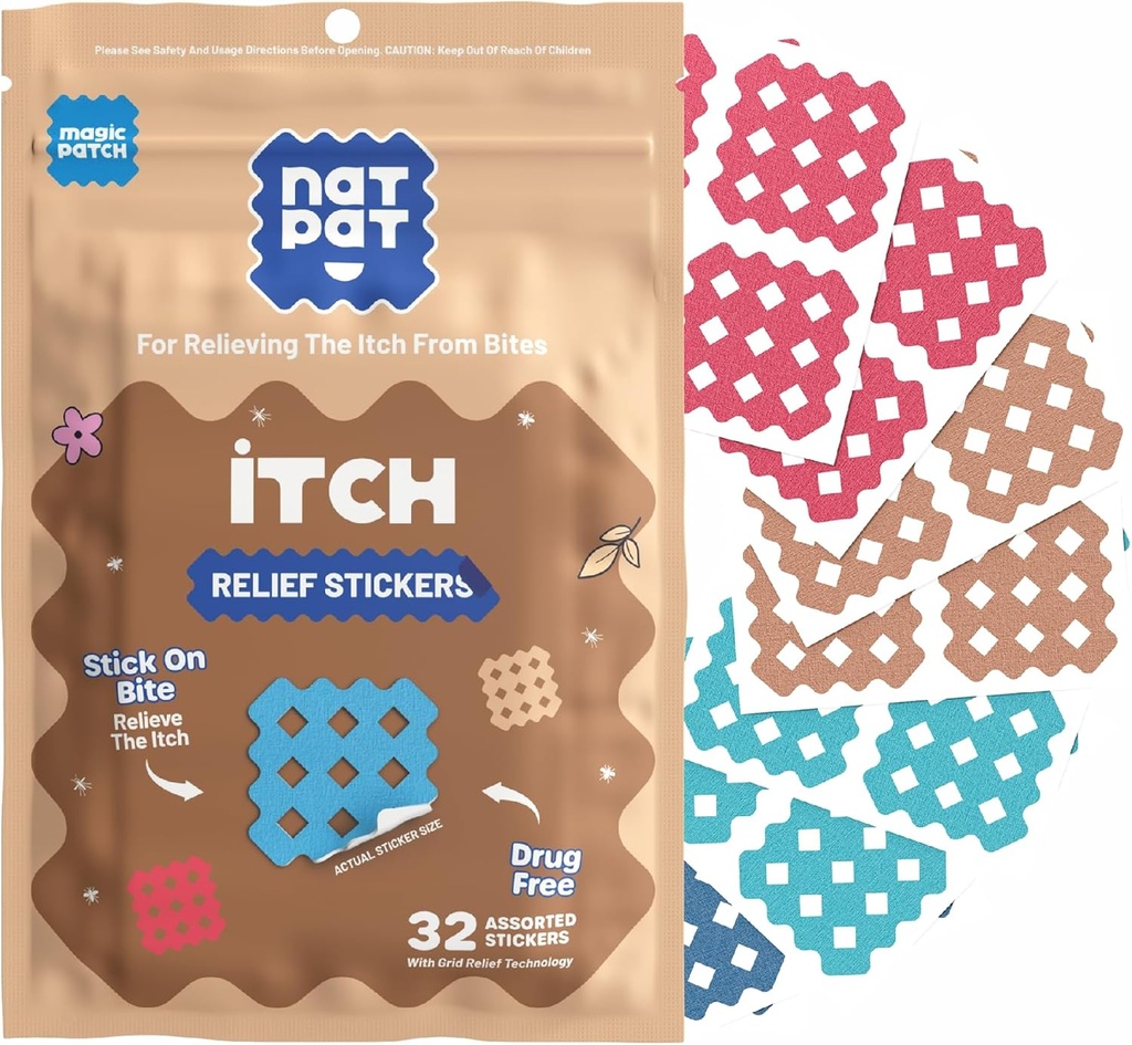 NATPAT Magic Patch Itch Relief Stickers - Insect Bite Patch for Mosquitos, Ticks, Midges, Sandflies, and Bed Bug Bites - Buzzpatch - 32 Count