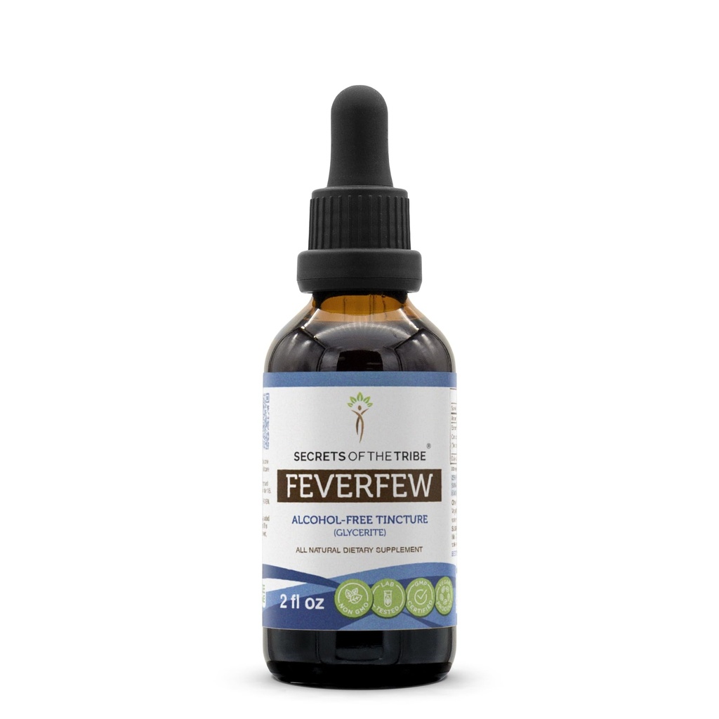 Secrets of the Tribe Feverfew Alcohol-Free Liquid Extract, Feverfew (Tanacetum parthenium) Dried Herb Tincture Supplement (2 FL OZ)