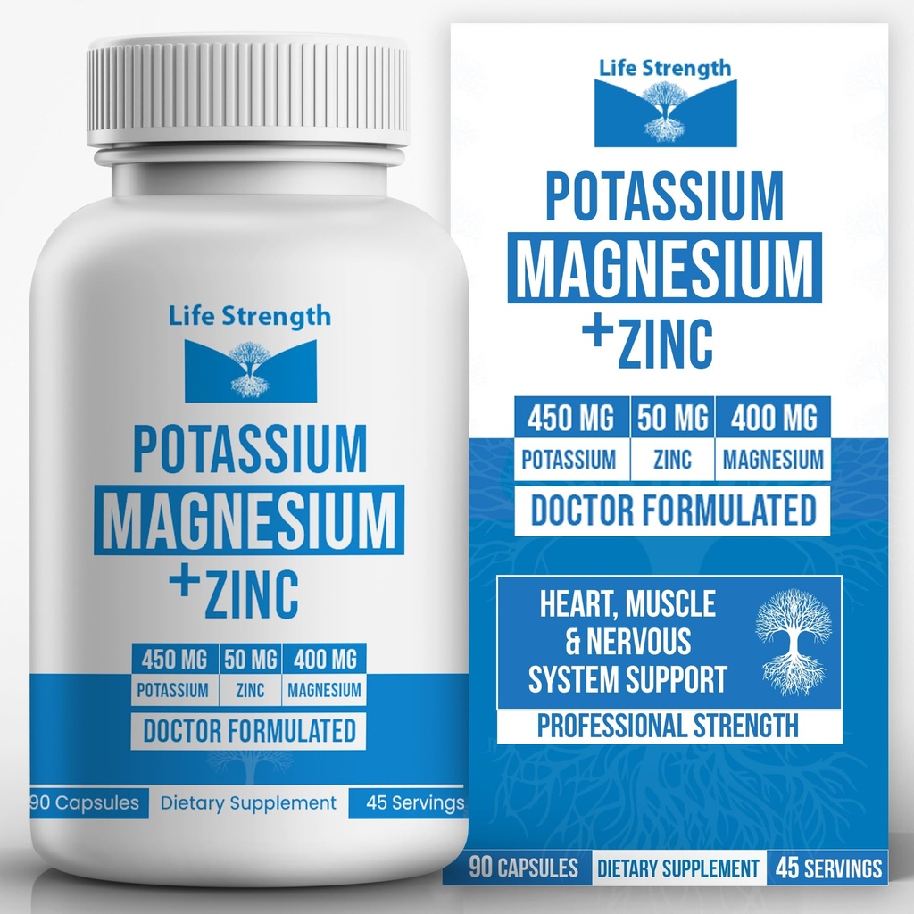 Life Strength Magnesium Potassium Supplements Zinc 90 Capsules for Vascular Health High Absorption Vegan, Natural Ingredients Supplement for Leg Cramps and Sleep