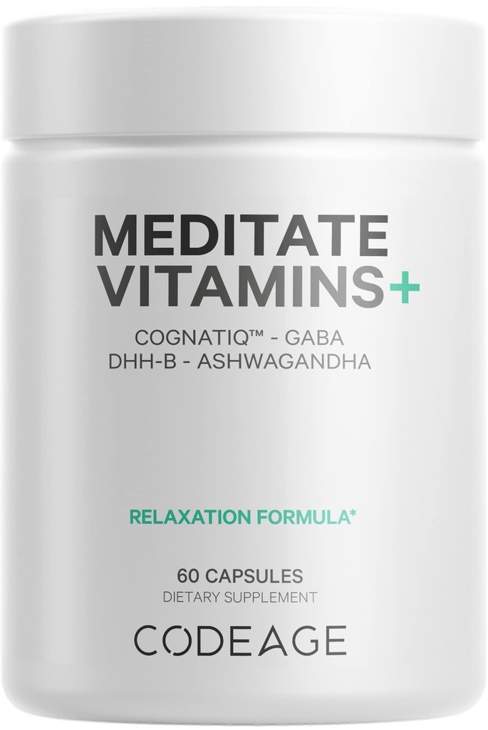Codeage Meditate Vitamins+ Supplement - CognatiQ, DHH-B, GABA, Ashwagandha, Organic Mushrooms, Blueberries - BDNF Brain Pills and Neuroprotein - Vegan, Non-GMO, Gluten-Free - 60 Capsules