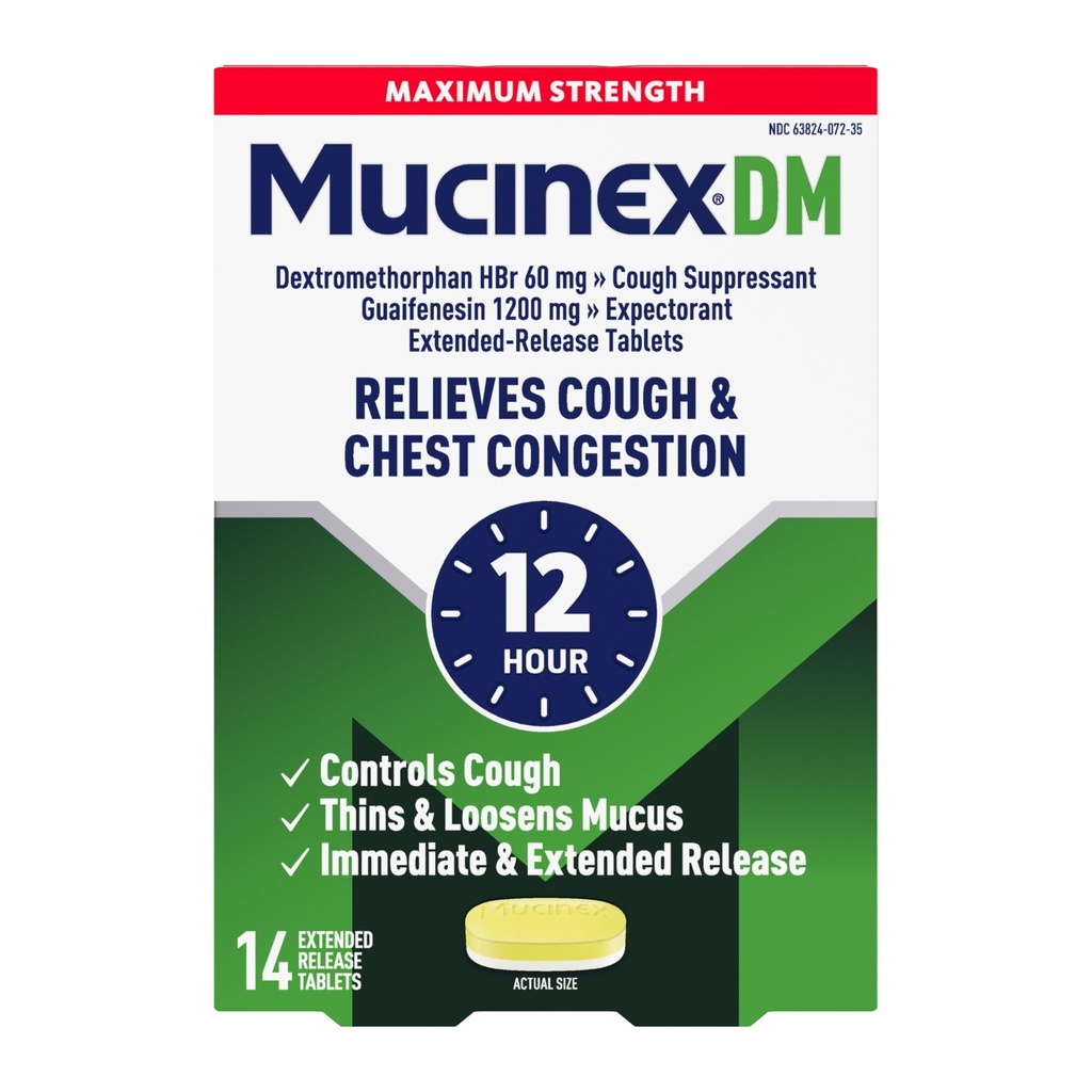 Mucinex DM 12Hr Maximum Strength Chest Congestion & Cough Medicine For Adults, Cold And Cough Medicine for Excess Mucus Relief, 1200 mg Guaifenesin & 60 mg Dextromethorphan HBr, 14 Bi-Layer Tablets