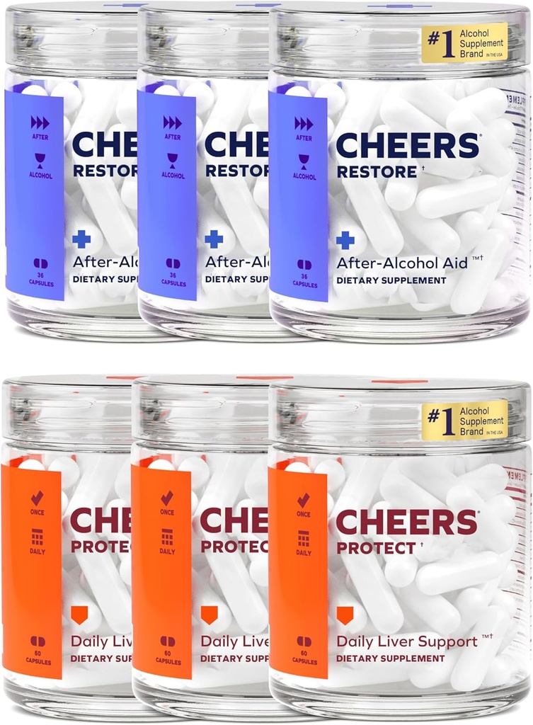 Cheers Liver Combo | Restore + Protect | Support Your Liver & Feel Better After Drinking | DHM, L-Cysteine, Milk Thistle, Prickly Pear, B-Vitamins | 36 Doses Restore, 90 Doses Protect | Supplements