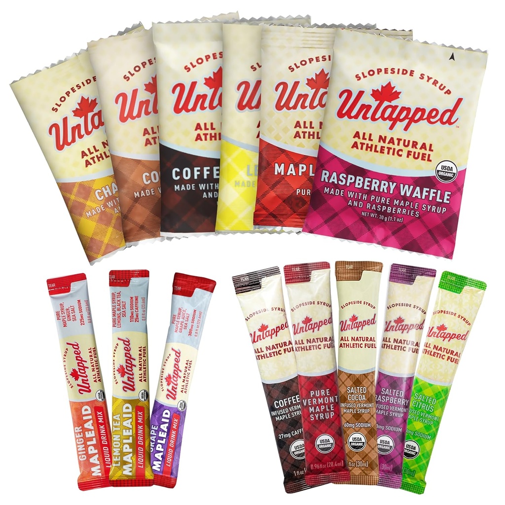 UnTapped Sample Pack - 14 Individually Wrapped Packets | Includes All-Natural Maple Syrup, Vegan Stroopwafels & Hydration Mixes | Assorted Pack for Sustained Energy & Recovery | USDA Organic Certified