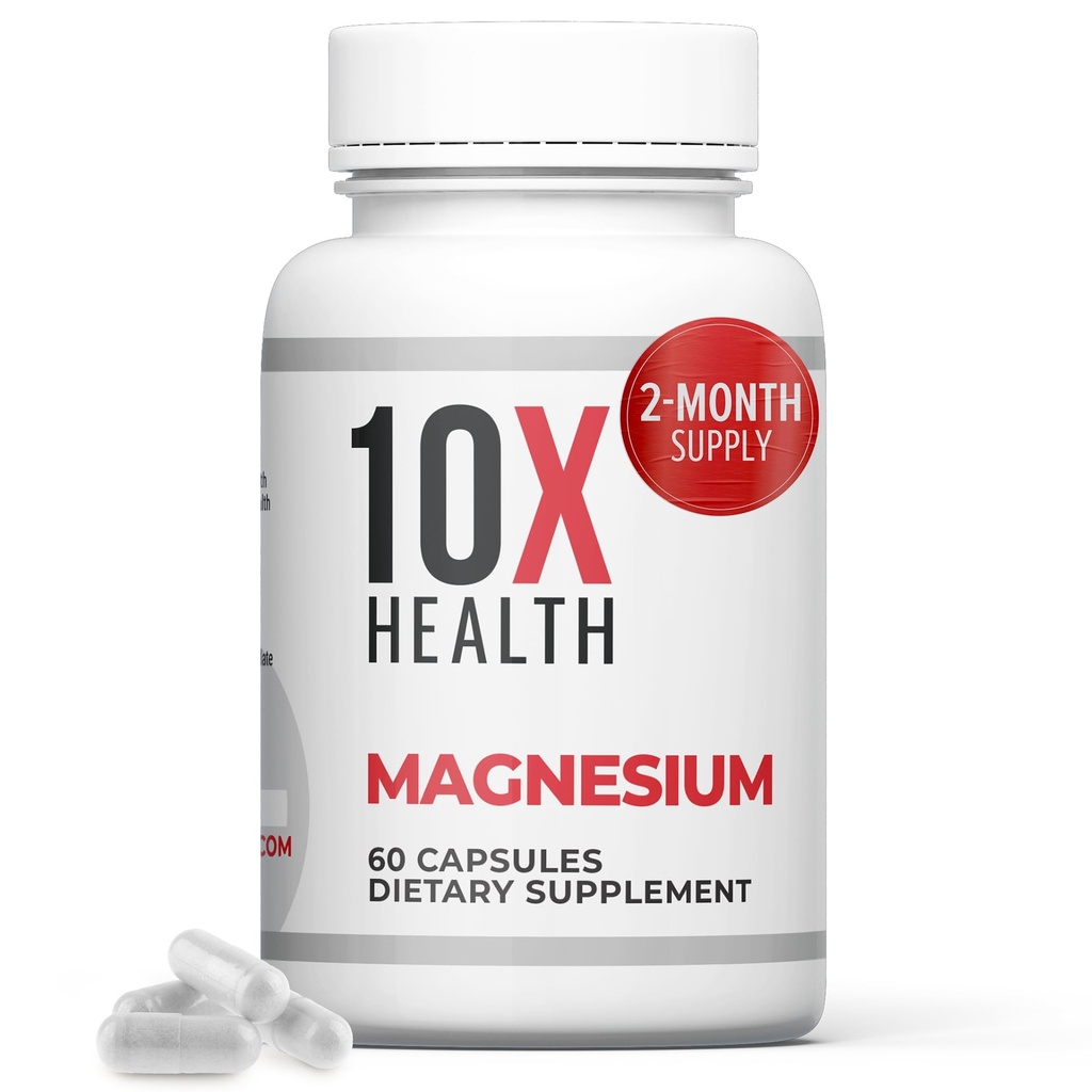 10X Health Magnesium Citrate Supplement - High-Absorption Magnesium for Sleep, Muscle Function & Nerve Support - 60 Capsules (2 Month Supply)