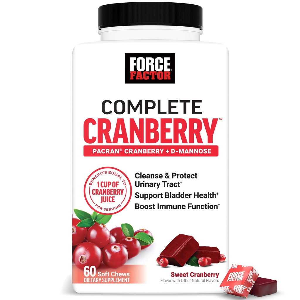 Force Factor Cranberry Soft Chews, Cranberry Supplement with D Mannose and Cranberry Extract to Support Bladder and Urinary Tract Health for Women, Vegan, Sweet Cranberry Flavor, 60 Soft Chews