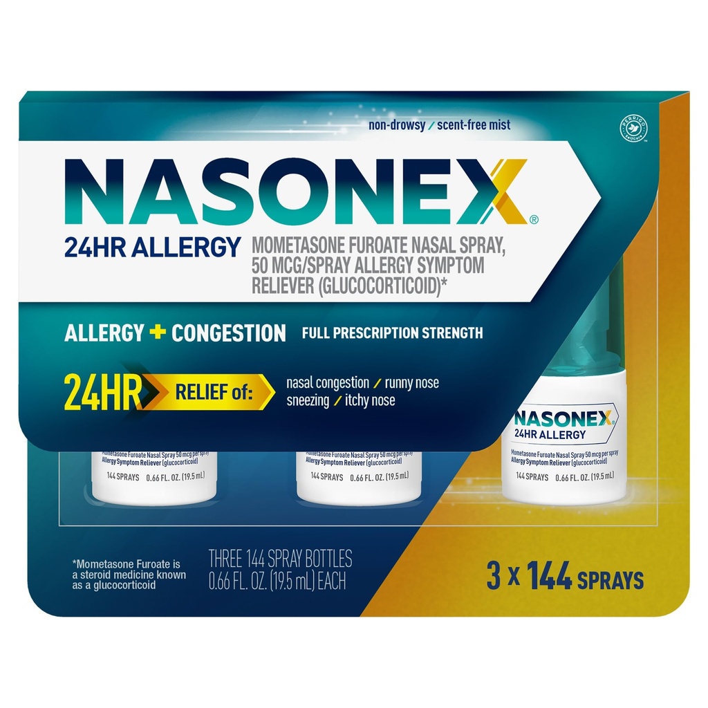 Nasonex 24HR Allergy Nasal Spray, Non-Drowsy, Scent-Free Mist,Allergy Symptoms + Nasal Congestion, Full Prescription Strength, 120 Sprays (3 Pack)