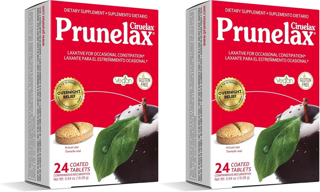 Prunelax Ciruelax Regular Strength Laxative Tablets - Natural-Ingredient Based Laxative for Occasional Constipation, Predictable Overnight Relief with Senna Leaf Extracts, 8-12 Hr Fast-Acting - 24ct