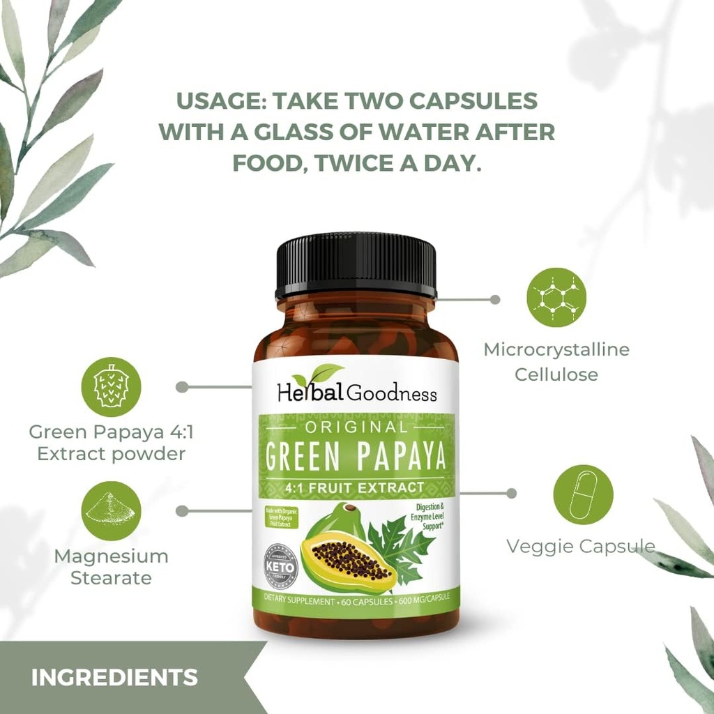Green Papaya Capsules 4X Strength, Organic Papaya Leaf & Fruit Extract for Platelets, Digestive Health, Enzymes, Probiotics, Antioxidants – 600mg, 60 Capsules, Case of 12 – Herbal Goodness