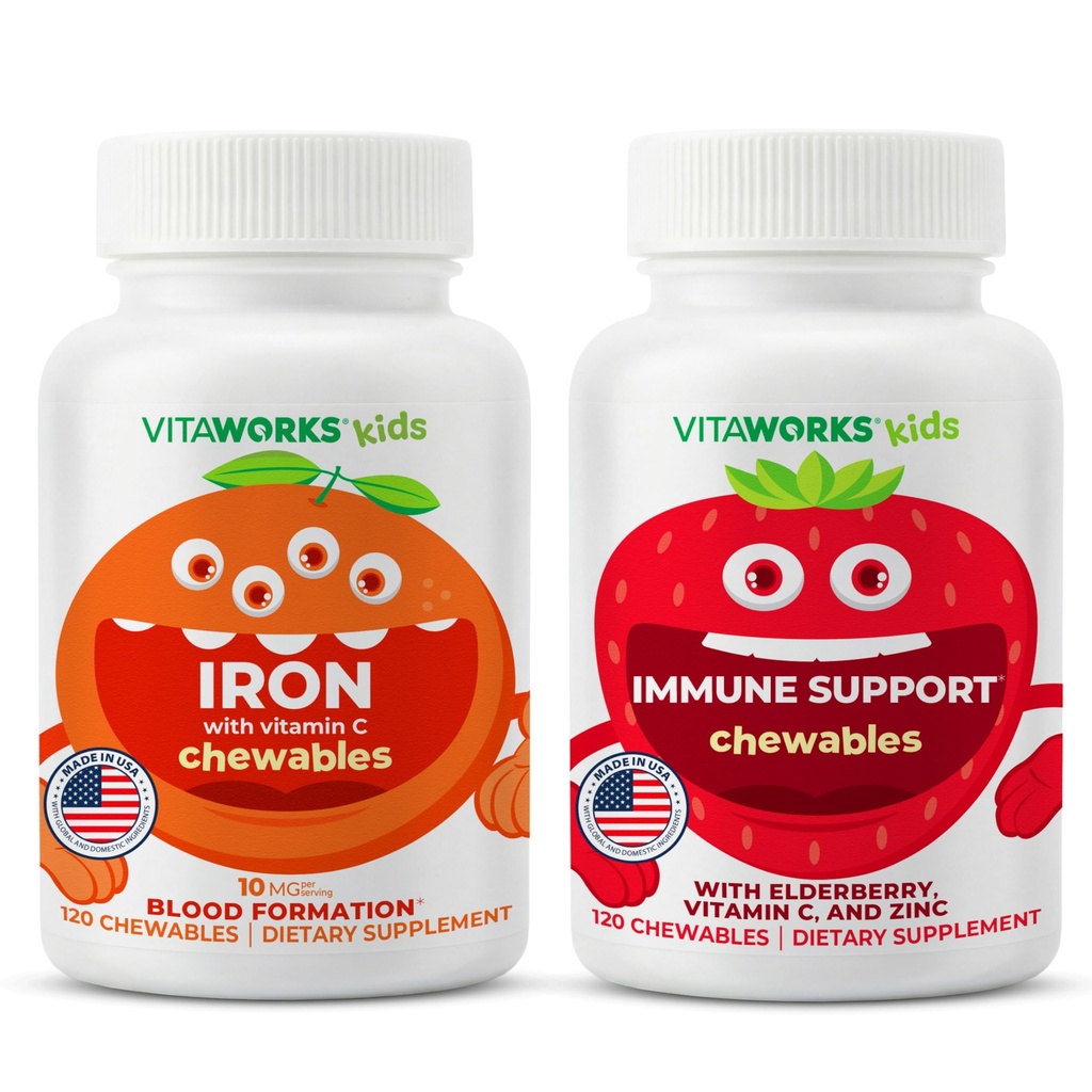 Kids Iron 10mg + Vitamin C Chewables + Elderberry + Zinc + C Chewables Bundle