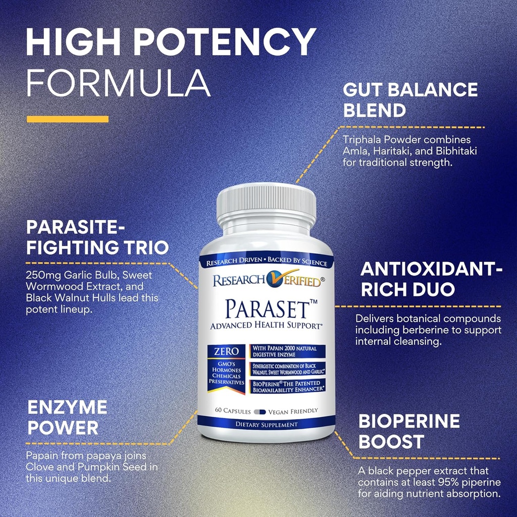 Research Verified Paraset - 120 Capsules - Natural Gut Health Enhancer - Garlic Bulb, Papain, Sweet Wormwood, Black Walnut, BioPerine - Vegan