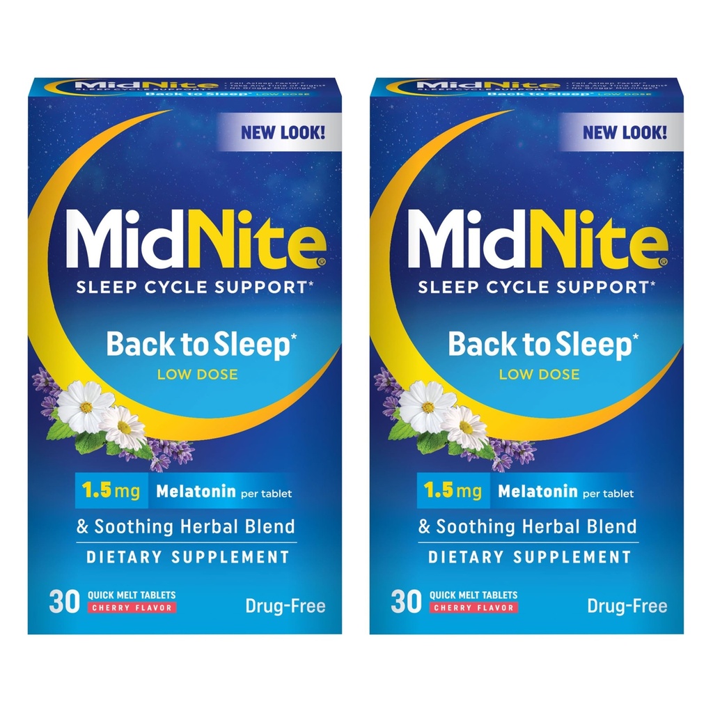 MidNite Back To Sleep Low Dose, 1.5 mg Melatonin Sleep Aid, Non-habit Forming, Herbal Dietary Supplement For Adults, Drug-free, Gluten-free, Lactose-free, Vegetarian, Vegan, 30 Quick Melt Tablets 2 ct