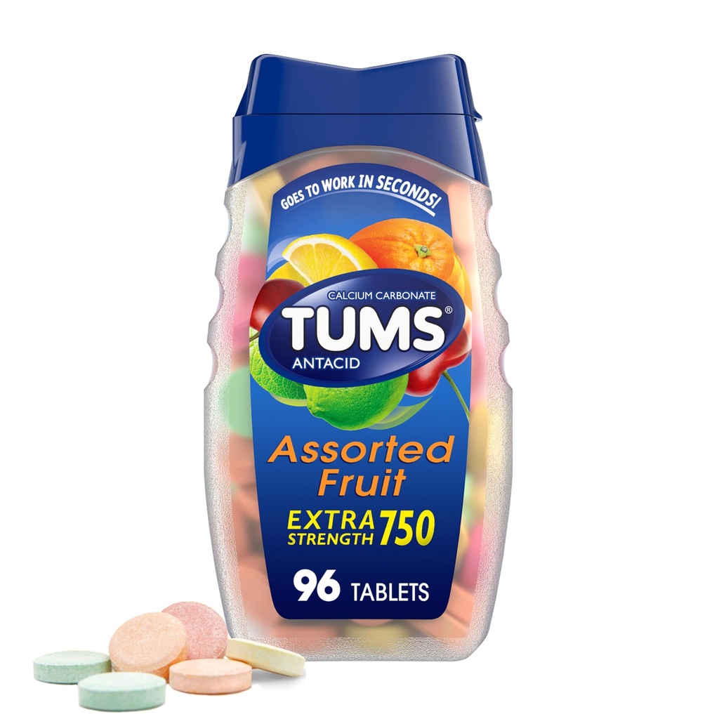 TUMS Extra Strength Antacid Tablets for Chewable Heartburn Relief and Acid Indigestion Relief, Assorted Fruit Flavors - 96 Count
