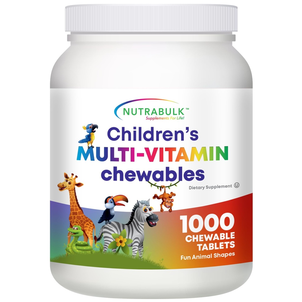 NutraBulk Kids Multivitamin – Kids Vitamins A C D3 E B-Complex Folic Acid with Animal Shapes & Fruity Flavors – No Artificial Dyes – Children's Chewable Multivitamin, Bulk Family Value (1000 Tablets)