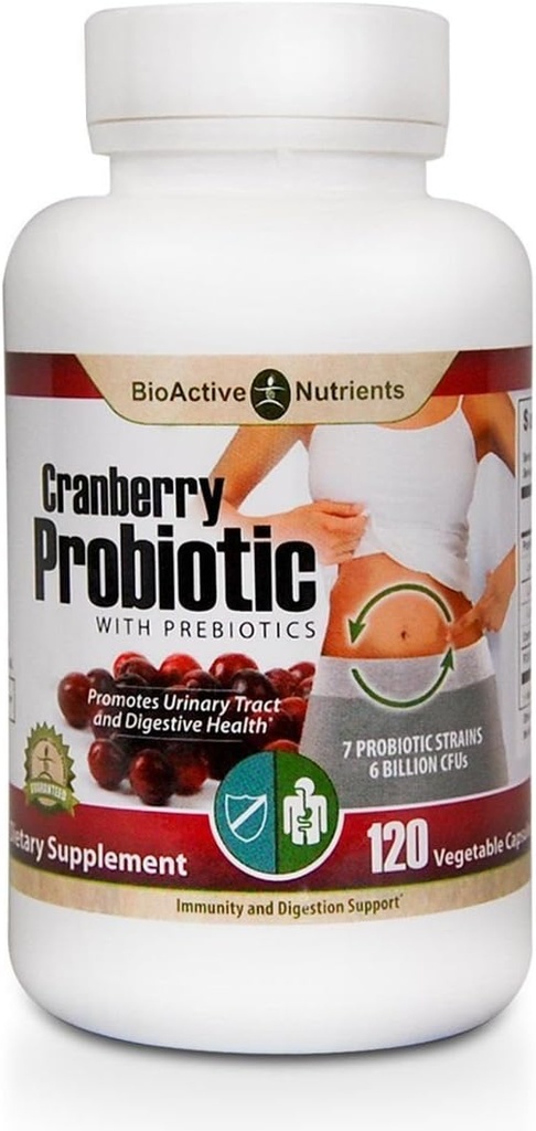 BIOACTIVE NUTRIENTS Cranberry Probiotics with Prebiotics, 120 Capsules - 7 Strains, 6 Billion CFU's