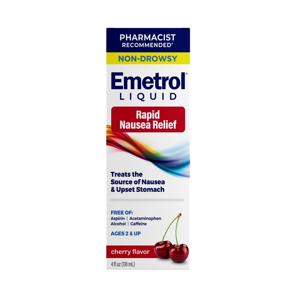 Emetrol Non-Drowsy Nausea Relief - Liquid Medicine for Upset Stomach Relief - Pharmacist Recommended Nausea Medicine - Cherry Flavor - 4fl oz | Treats Nausea, Upset Stomach, Rapid Relief, Free from Aspirin, Acetaminophen, Alcohol, and Caffeine, Ages 2 and Up