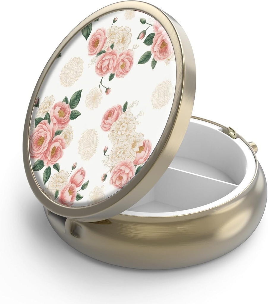 Pill Case Pill Box with Mirror Retro 3 Compartment Small Pill Case for Purse or Pocket Bronze Small Roud Pill Box or Vitamins, Fish Oil, Supplements, Pill Containe Travel Gifts（Retro Pink Floral）